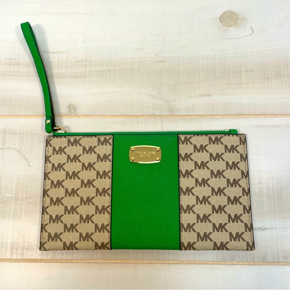 Michael Kors NEW Jet Set Large Coated Canvas Logo Stripe Wristlet Wallet Clutch - Picture 1 of 7